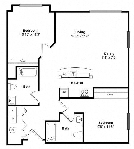 Floor plan for 2 beds, 2 baths, 957 sqft